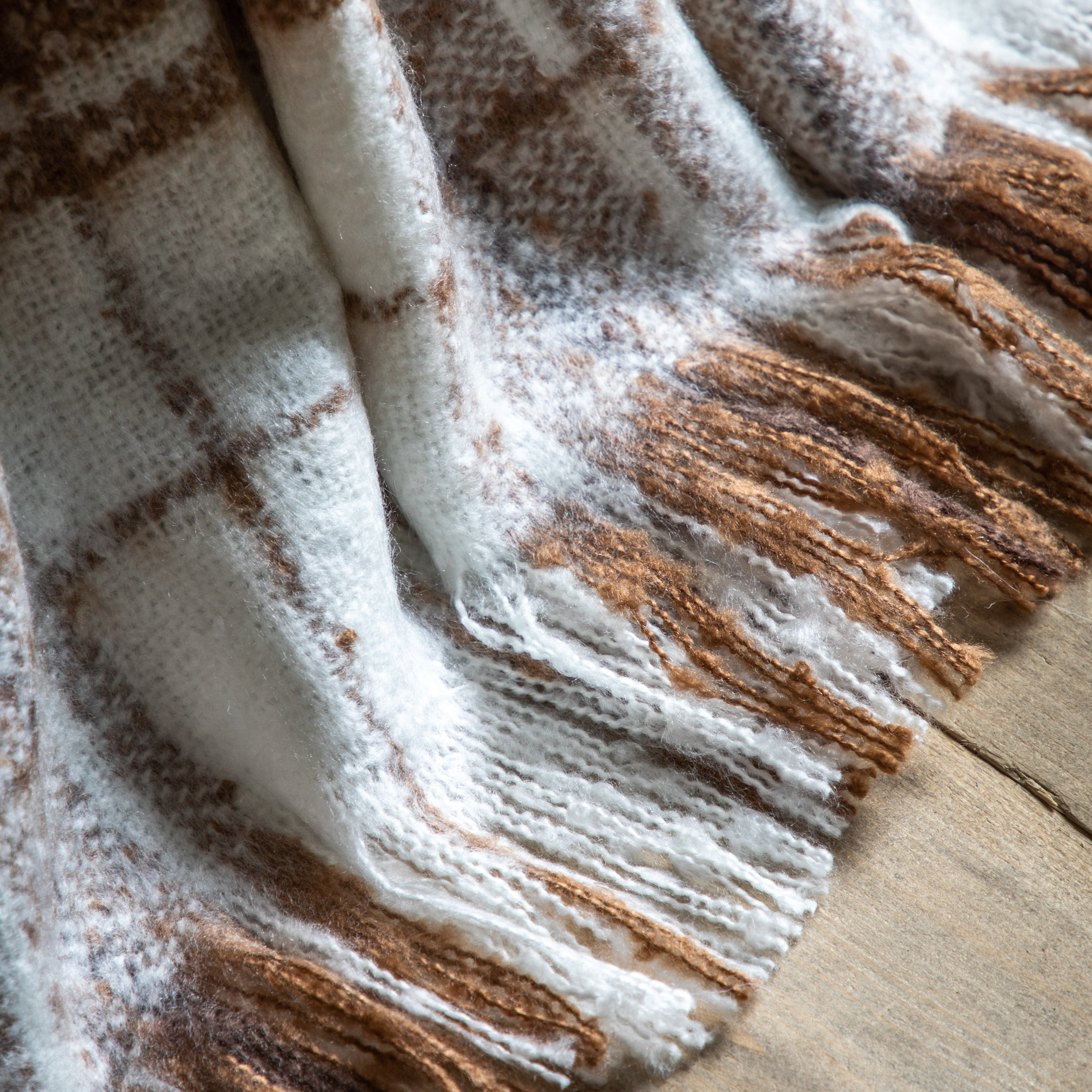 Check Faux Mohair Cream & Tan Brown Throw